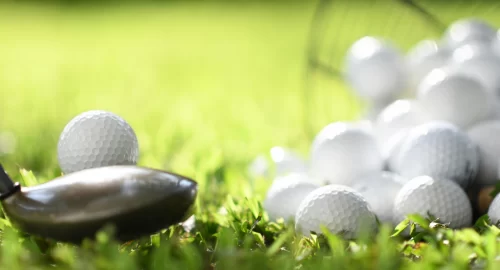 A bunch of golf balls laying on the green with a club lined up to hit one